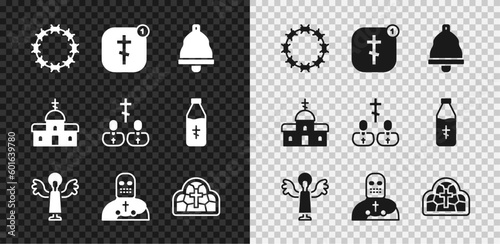 Set Crown of thorns, Online church pastor preaching, Church bell, Angel, Knight crusader, Stained glass, building and Priest icon. Vector