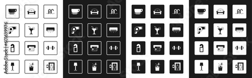 Set Swimming pool, Cocktail, Hair dryer, Coffee cup, Air conditioner, Sofa, Dumbbell and Please do not disturb icon. Vector