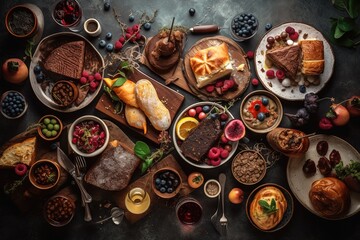 Tableau sur toile  Flat lay of delicious dinner table with roasted meat steak, appetizers and desserts. Top view. Healthy food concept.,Generative AI  © Parvez
