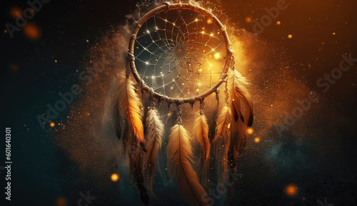 Beautiful dreamcatcher on abstract background. generative ai.