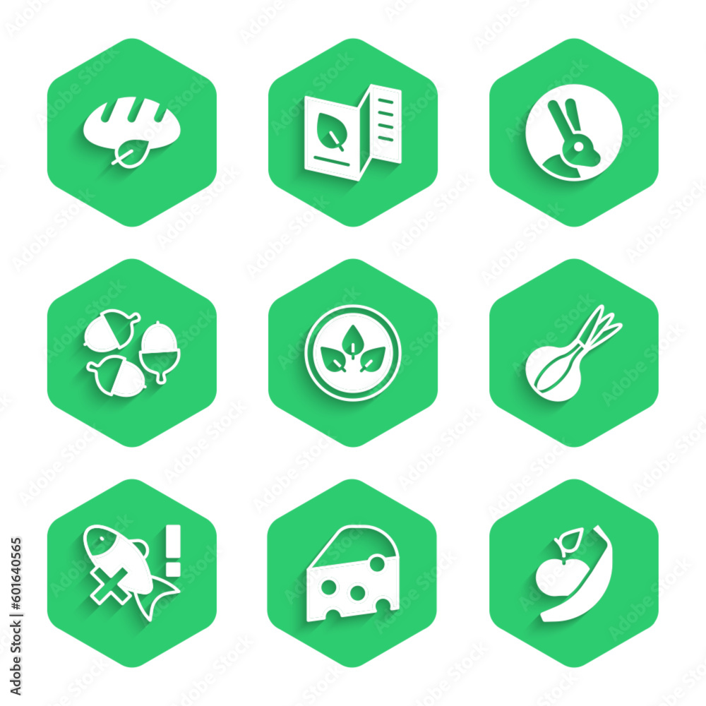 Set Vegan food diet, Cheese, Apple and banana, Onion, No fish, Acorn, Rabbit and bread loaf icon. Vector Set Vegan food diet, Cheese, Apple and banana, Onion, No fish, Acorn, Rabbit and bread loaf icon. Vector