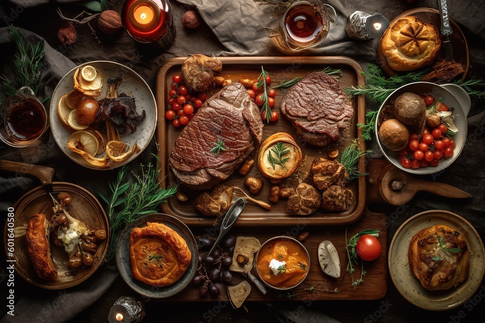Flat lay of delicious dinner table with roasted meat steak, appetizers and desserts. Top view. Healthy food concept.,Generative AI