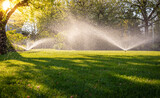 Morning Freshness: Green Lawn Watered by Automatic Sprinklers. Business wallpaper with a garden theme