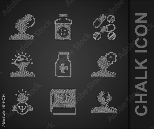 Set Sedative pills, Psychology book, Solution problem in psychology, Concussion, headache, Medicine or tablet and Yin Yang symbol icon. Vector