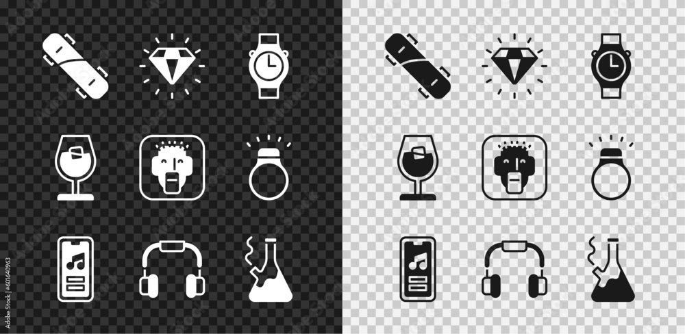 Set Skateboard, Diamond, Wrist watch, Music player, Headphones, Glass bong for smoking marijuana, Wine glass and Rapper icon. Vector Set Skateboard, Diamond, Wrist watch, Music player, Headphones, Glass bong for smoking marijuana, Wine glass and Rapper icon. Vector