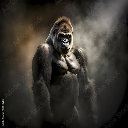 Gorilla (Gorilla) primate genus of the great ape family (Hominidae) , dark hazy background, AI generated