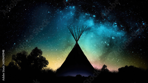 teepee indian tent standing in beautiful night landscape. generative ai.