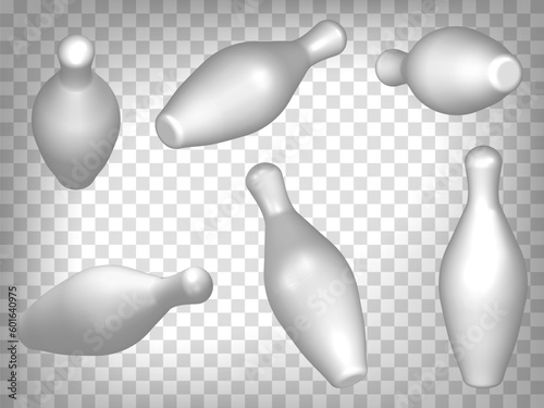 Set of 3d Bowling pin single on transparent background. Bowling pin 3d icon illustration with different views and angles.  Abstract concept of graphic elements for your design