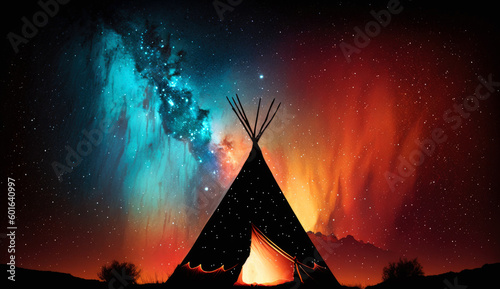 teepee indian tent standing in beautiful night landscape. generative ai. photo