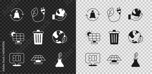 Set Garbage bag with recycle, Electric saving plug in leaf, Hand holding Earth globe, Leaf Eco symbol, Solar energy panel, Plant breeding, and Trash can icon. Vector