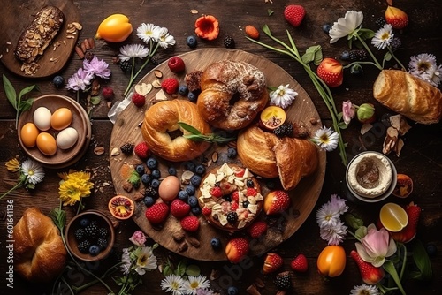 Easter breakfast flat lay with scrambled eggs bagels  orange tulips  bread toast with fried egg and green asparagus  colored quail eggs and spring holidays decorations. Top view. Generative AI