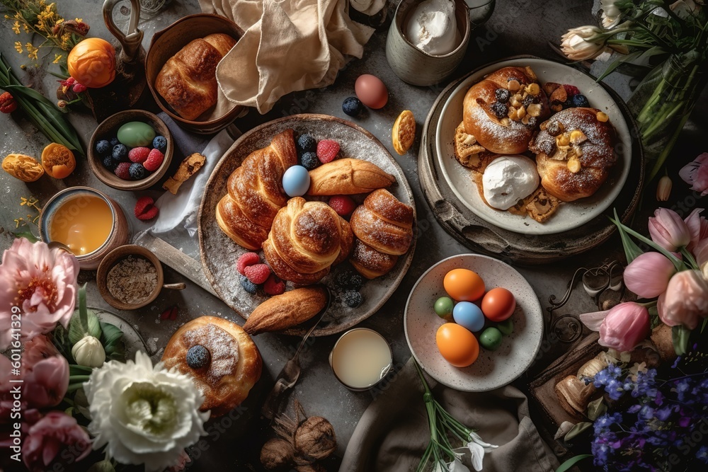 Easter breakfast flat lay with scrambled eggs bagels, orange tulips, bread toast with fried egg and green asparagus, colored quail eggs and spring holidays decorations. Top view.,Generative AI.