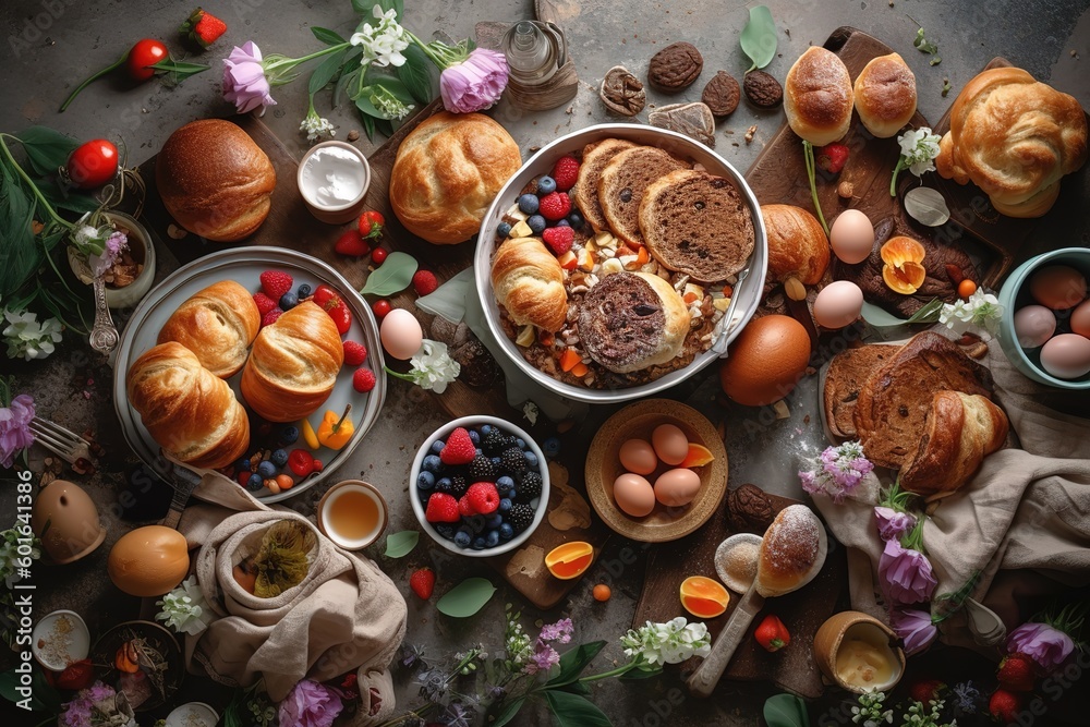 Easter breakfast flat lay with scrambled eggs bagels, orange tulips, bread toast with fried egg and green asparagus, colored quail eggs and spring holidays decorations. Top view.,Generative AI