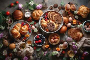 Tableau sur toile  Easter breakfast flat lay with scrambled eggs bagels, orange tulips, bread toast with fried egg and green asparagus, colored quail eggs and spring holidays decorations. Top view.,Generative AI  © Parvez
