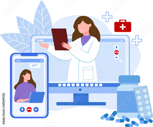 Female doctor holding clipboard and calling to patient. Online consultation concept