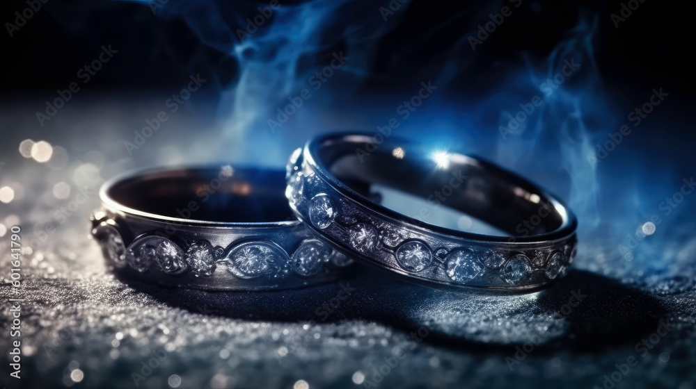 Ornamental rings on winter background. generative ai. Ornamental rings on winter background. generative ai.