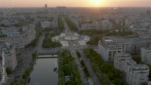 Unirii Boulevard, Union Square And Unipn Park With City Views During Sunset In Bucharest, Romania. - aerial photo