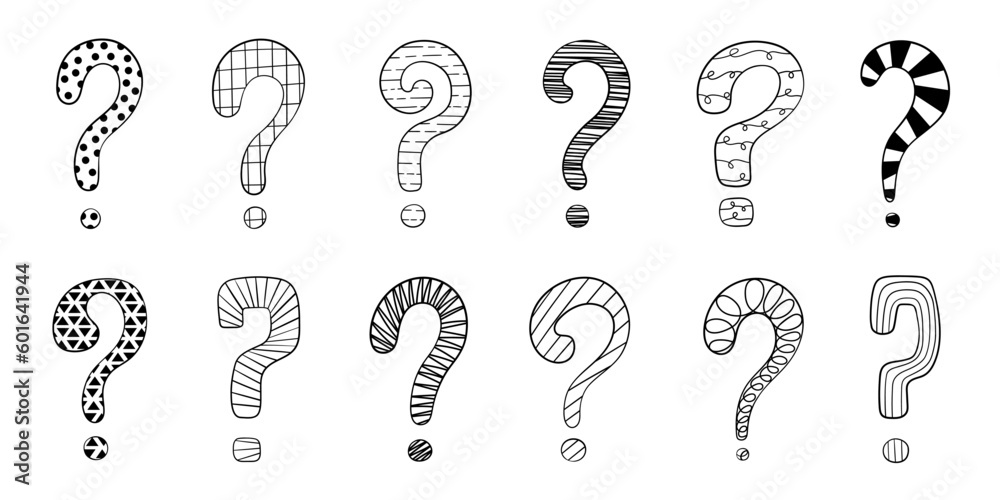Questions. Sign Printable Question mark set hand drawn in doodle style, vector illustration. Icon ...