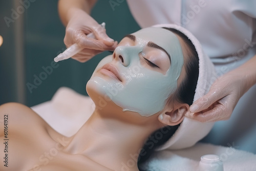 Beautiful young woman receiving facial massage in spa salon. Generative AI