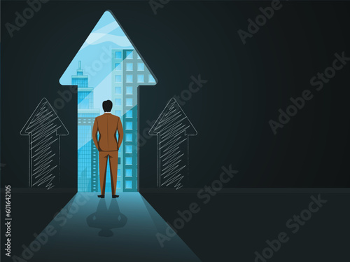 Infographics vector of a businessman looking out of the door of opportunities and success. The door is in the shape of an arrow going upward showing growth in business. empty space for text available.