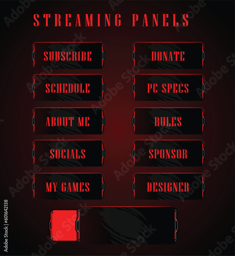 Red and black futuristic live streaming panels for gaming websites. Can be used as alerts and overlay by gamers. Futuristic design makes it look technology friendly with a dark theme. 