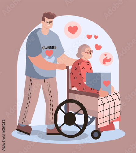 Male character helps old woman in wheelchair. Volunteer support for disabled