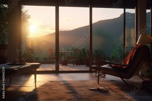 interior of a bedroom in a wooden house with panoramic windows