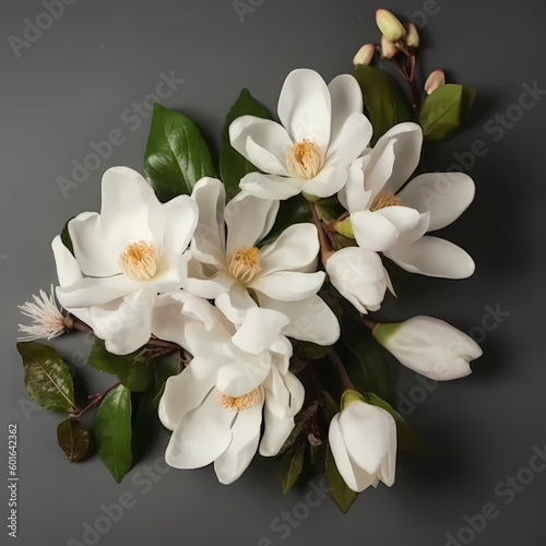 White Magnolia Bouquet Flat Lay Top View Illustration