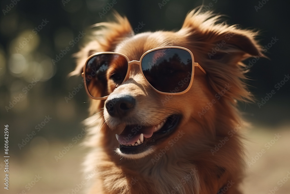 Funny puppy wearing sunglasses. Summer concept. Generative AI