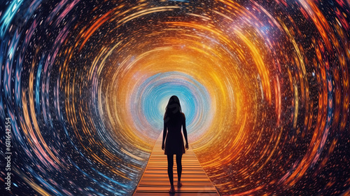 Person in a vortex, tunnel to a new life or heaven. Concept of soul life after death. Starting something new. Spirituality, incarnation and karma. Generative AI.