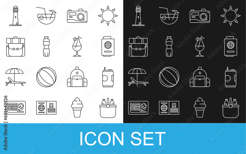 Set line Cooler bag and water, Soda can, Passport with ticket, Photo camera, Bottle of, Hiking backpack, Lighthouse and Cocktail alcohol drink icon. Vector