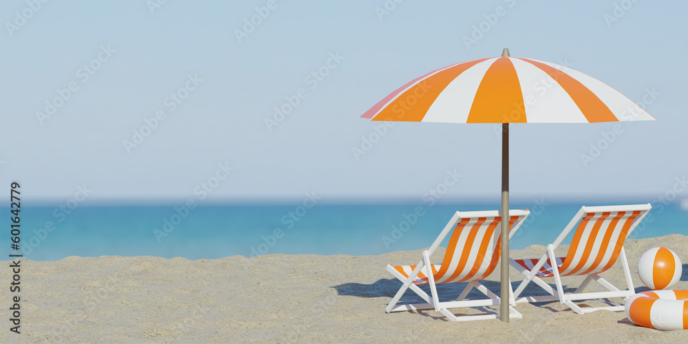 3d rendering. Beautiful beach. Chairs on the sandy beach near the sea. Summer holiday and vacation concept for tourism. Inspirational tropical landscape. Tranquil scenery, relaxing beach