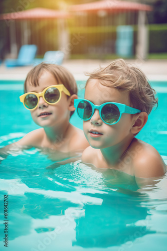 Cheerful children in googles laughing while playing in swimming pool at sunny day, refreshing at heat weather, active vacation and healthy lifestyle, happy summertime. Generative AI
