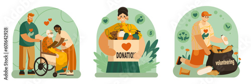 Set of drawings about work of activists. Volunteers take care of elderly, collect donations, clean