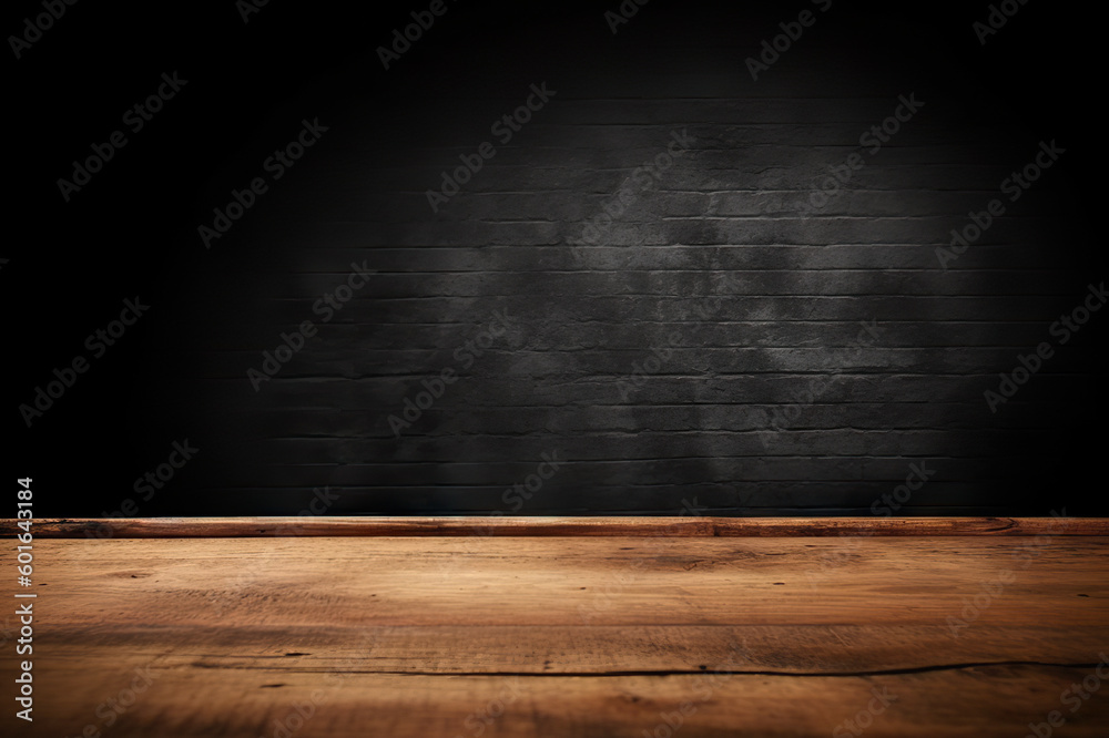 Empty Wooden Table on Textured Wall Background with Selective Focus. created with Generative AI Empty Wooden Table on Textured Wall Background with Selective Focus. created with Generative AI