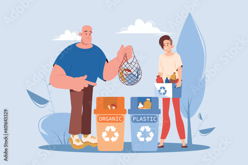 Garbage sorting blue concept with people scene in the flat cartoon design. Young couple sorts garbage into special boxes to save the environment. Vector illustration.