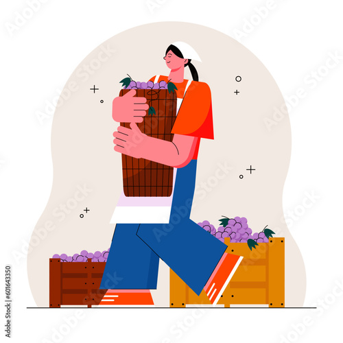 Young lady holding big basket with grapes and preparing berries for wine production
