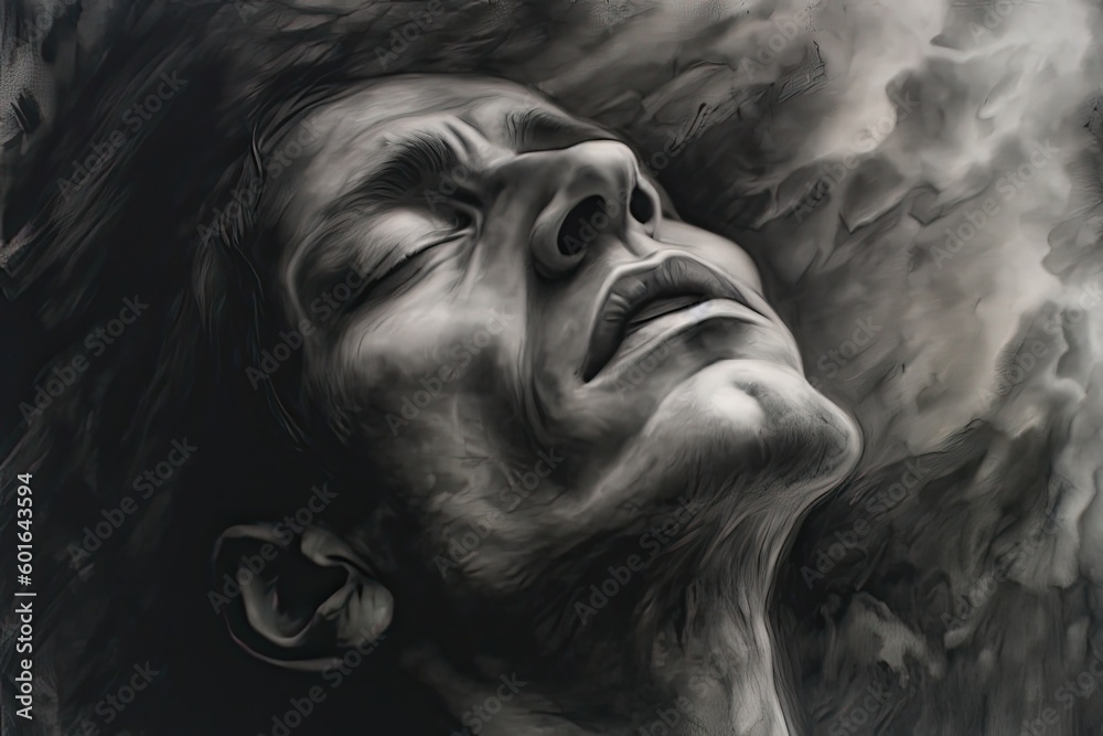 A black and white face in a kind of cloud that covers the human being like a depression (Generative AI, Generativ, KI) A black and white face in a kind of cloud that covers the human being like a depression (Generative AI, Generativ, KI)