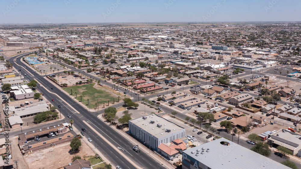 El Centro, California, USA - May 27, 2022: Afternoon sunlight shines on the urban downtown core of El Centro.