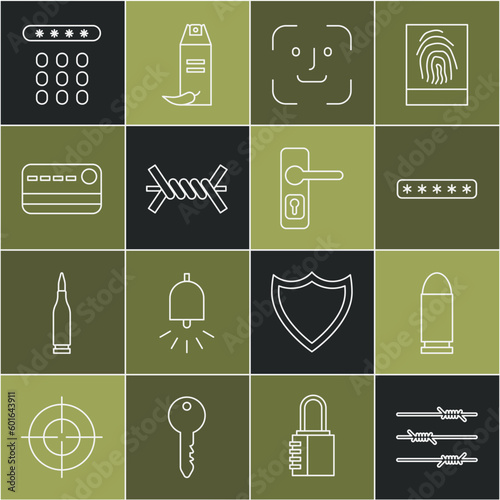 Set line Barbed wire, Bullet, Password protection, Face recognition, Credit card, and Door handle icon. Vector