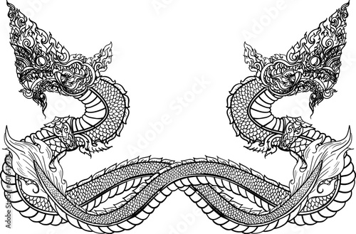 Thai Traditional tattoo design.The Naga is king of snake and Thai dragon live in Himmapan Forest.Hand drawn The Naga tattoo and coloring book.Animal of Buddhism