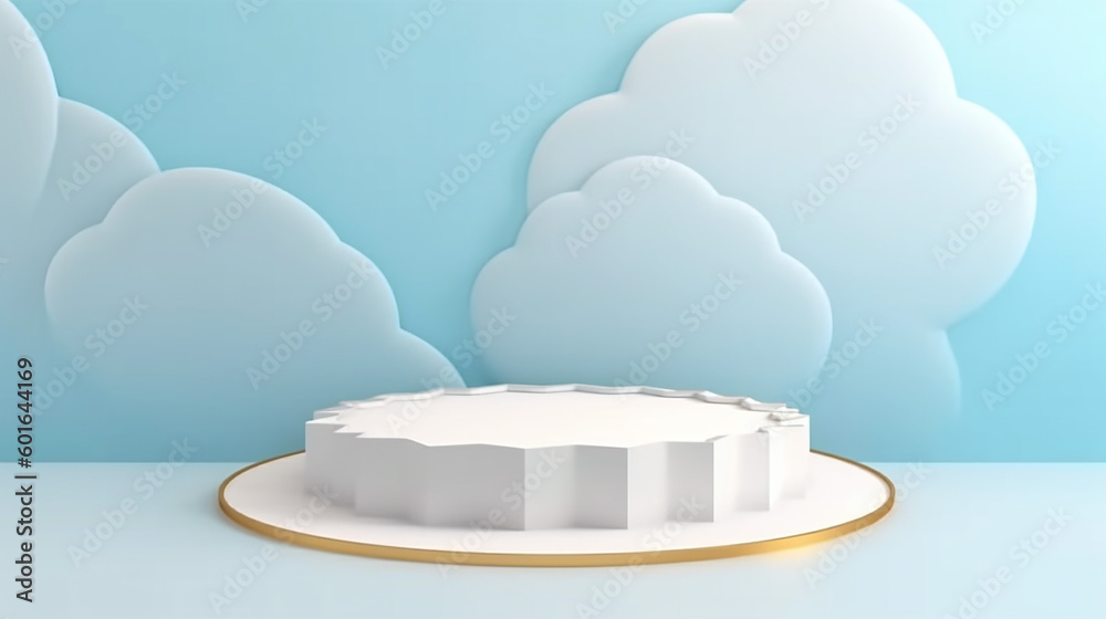 White hexagon pedestal podium. Light blue minimal wall scene with golden ring and cloud shape paper cut style. 3d shape, Product display presentation. Abstract background pastel color. Generative AI White hexagon pedestal podium. Light blue minimal wall scene with golden ring and cloud shape paper cut style. 3d shape, Product display presentation. Abstract background pastel color. Generative AI