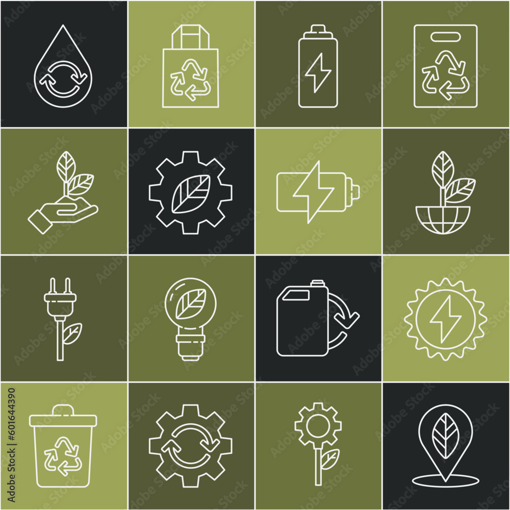 Set line Location with leaf, Solar energy panel, Earth globe and plant, Battery, Leaf in gear machine, Plant hand, Recycle clean aqua and icon. Vector Set line Location with leaf, Solar energy panel, Earth globe and plant, Battery, Leaf in gear machine, Plant hand, Recycle clean aqua and icon. Vector