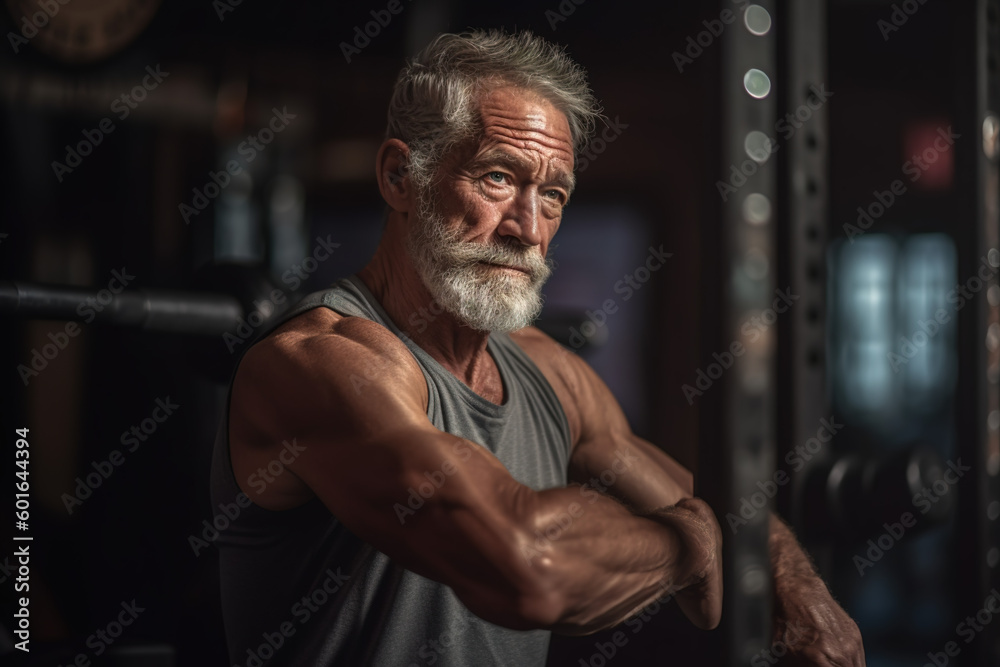 Muscular senior man in a gym room. generate by ai Muscular senior man in a gym room. generate by ai