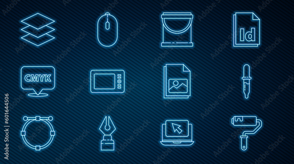 Set line Paint roller brush, Pipette, bucket, Graphic tablet, Speech bubble with text CMYK, Layers, Picture landscape and Computer mouse icon. Vector Set line Paint roller brush, Pipette, bucket, Graphic tablet, Speech bubble with text CMYK, Layers, Picture landscape and Computer mouse icon. Vector