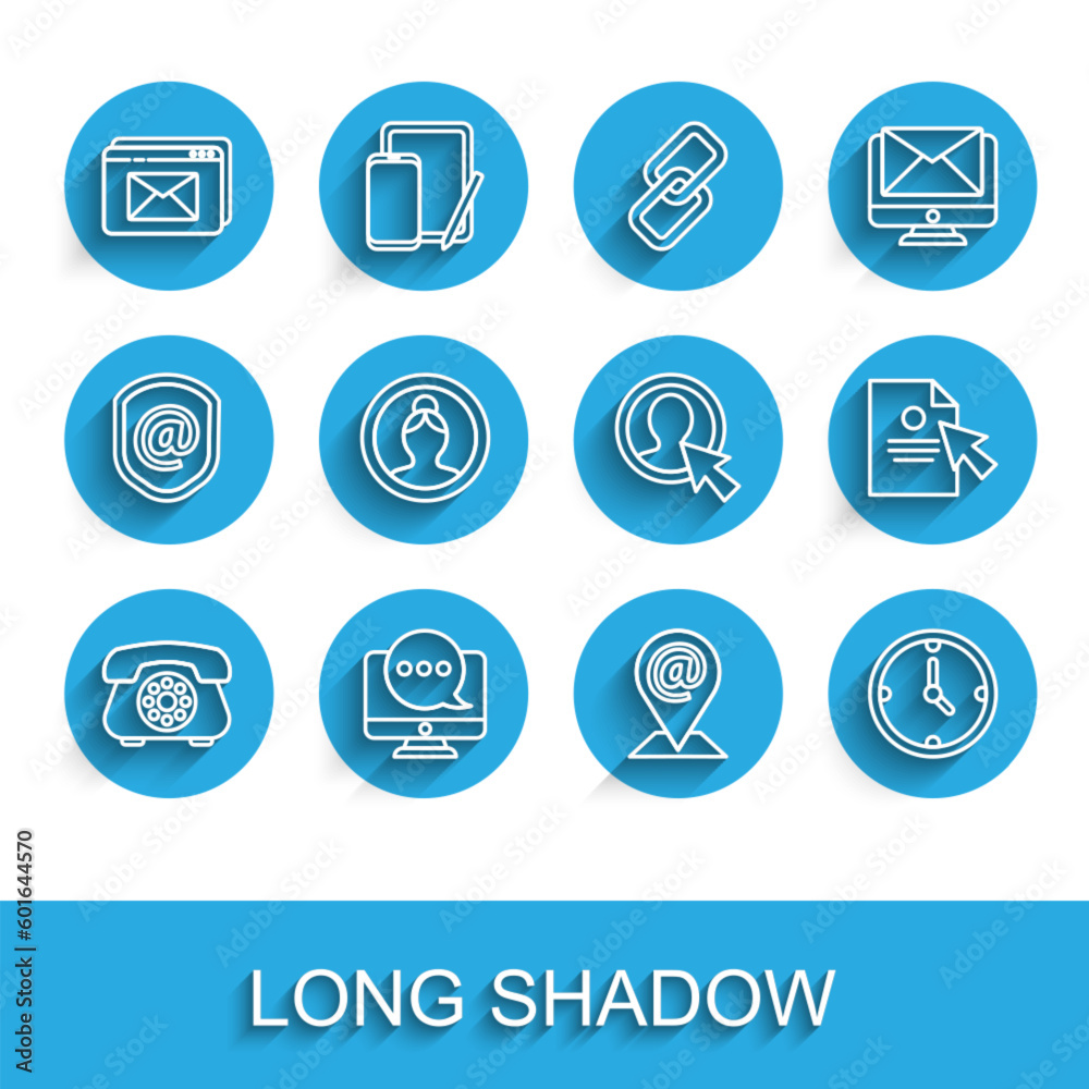 Set line Telephone, Chat messages notification monitor, Website and envelope, Location mail e-mail, Clock, Create account screen, Document cursor and icon. Vector