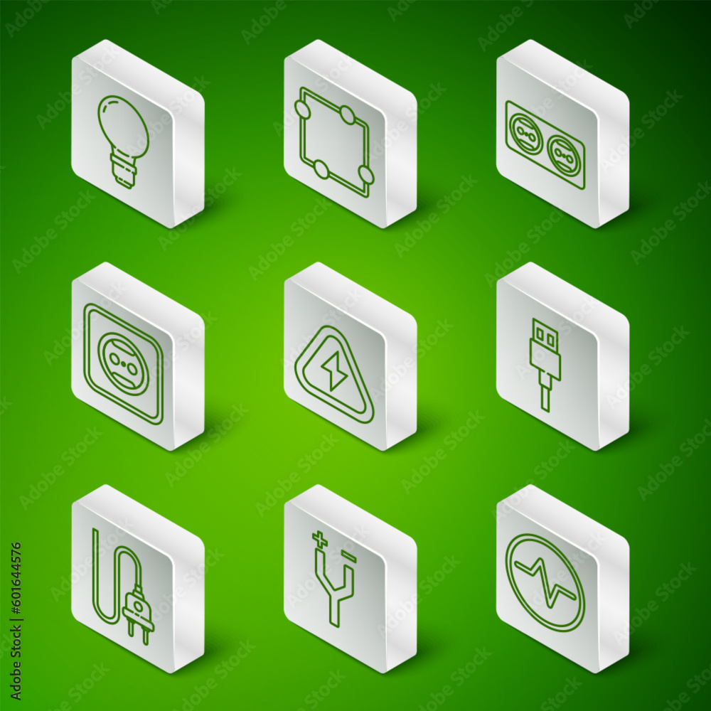 Set line Electric circuit scheme, cable, Light bulb with concept of idea, High voltage, Electrical outlet, plug and USB cord icon. Vector Set line Electric circuit scheme, cable, Light bulb with concept of idea, High voltage, Electrical outlet, plug and USB cord icon. Vector