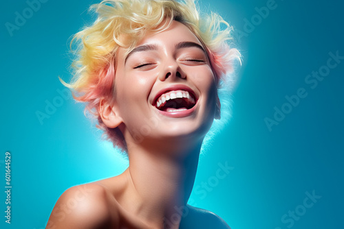 Joyful Girl Holiday Colorful Portrait: Young Model Emotion Expressed through Smile, Solid Color Background Design. Ai Generate