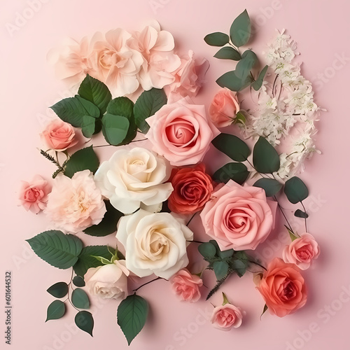 Rose Flowers Composition On Pink Background Illustration © imazydreams