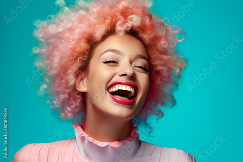 Joyful Girl Holiday Colorful Portrait: Young Model Emotion Expressed through Smile, Solid Color Background Design